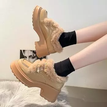 Модная обувь женская на плоской подошве с круглым носком туфли-башмаки на платформе с мехом увеличивающие рост платье новые зимние криперы слипоны сплошные короткие плюшевые F 35 чёрный