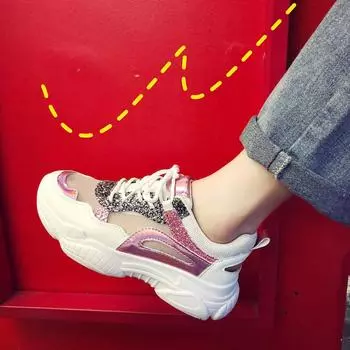 Модная обувь женская новая мода досуг дышащая сетка пайетки полые кексы толстая подошва спортивная обувь 35 розовый