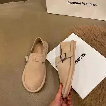 Модная обувь Женская обувь на плоской подошве с круглым носком Повседневная женская обувь Кроссовки слипоны Мокасины с мехом Платье Зимняя ретро обувь слипоны Новые на шнуровке Резиновая флоковая обувь Leisu 35 абрикосовый