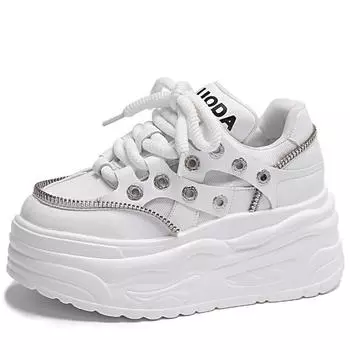 Модная обувь, женские кроссовки на толстой танкетке с высокой подошвой, новинка 2024 года, розовые дизайнерские туфли на толстой платформе 8 см 35 белый