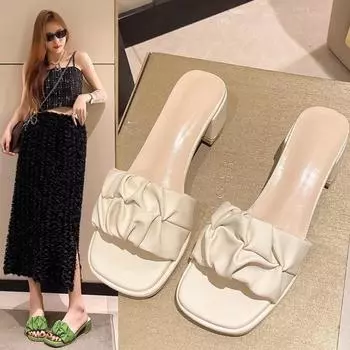 Модная обувь Женские тапочки Квадратный каблук Тапочки Женские Med Luxury Slides Летние дизайнерские блочные туфли Римские скандалы PU Hoof Heels 35 зелёный
