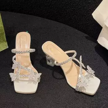 Модная обувь Женские тапочки Шлепанцы Квадратный каблук Бабочка-узелок Желе Шлепанцы 2024 Блочные блестящие туфли со стразами Женские тапочки Squa 35 красно-желтовато-коричневый