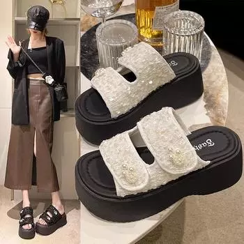 модная обувь женские тапочки тапочки женские на платформе роскошные шлепанцы желе шлепанцы 2024 летние дизайнерские блестящие модные кристаллы 35 бежевый