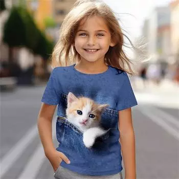 Модная одежда для девочек 3D Cat Girl Clothing Футболка для девочек 2024 Летние футболки для девочек для детей Детский топ для детей 100cm