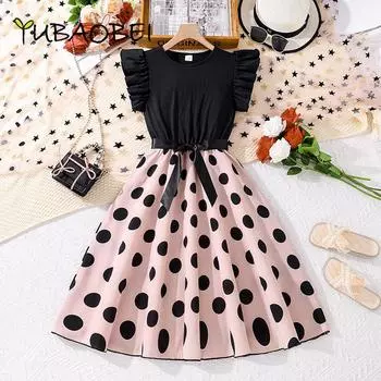 Модная одежда для девочек, детское платье для подростков 8-12 лет, платья принцессы в горошек с короткими рукавами для девочек 8Y чёрный