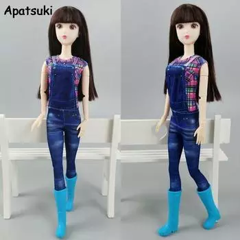 Модная одежда для кукол Барби, наряды из разноцветного клетчатого топа, джинсовых брюк, комбинезона с нагрудником, комбинезонов, кукол BJD, 1/6, кукол, аксессуары фиолетовый