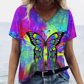 Модная одежда для лета, женские футболки с v-образным вырезом, большие размеры, футболки с короткими рукавами, повседневные футболки с принтом животных, 2024, свободная милая блузка M