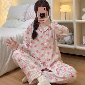Модная одежда для улицы, пижамный комплект с принтом в горошек для женщин, комплект из 2 предметов, повседневная ночная одежда для женщин, милая зимняя пижама M