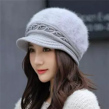 Модная одежда, модная женская осенне-зимняя вязаная шапка из кроличьего меха, теплая шерстяная шапка, ветрозащитная шапка-бини One size вино красного