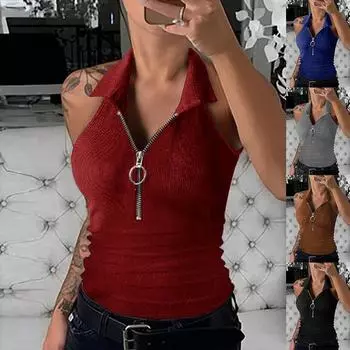 Модная одежда, женские летние топы, повседневные блузки без рукавов, трикотажные топы, клубная одежда, майки, женские топы на молнии с глубоким v-образным вырезом S чёрный
