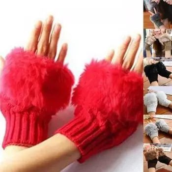 Модная одежда Зимние меховые шерстяные вязаные теплые перчатки без пальцев Теплые перчатки из меха кролика Плюшевые перчатки с полупальцами Вязаные зимние теплые перчатки One size красный