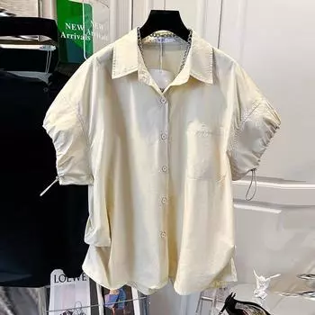 Модная однобортная рубашка с отложным воротником, пышная рубашка с коротким рукавом, повседневные свободные топы на шнуровке, белая летняя блузка 27514 M хаки