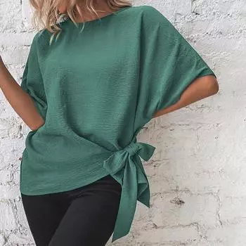 Модная однотонная футболка с круглым вырезом и рукавами «летучая мышь», подол, свободные летние женские топы с завязками XL чёрный