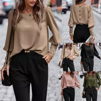 Модная однотонная футболка с круглым вырезом, женская свободная футболка с длинным рукавом и пуговицами на спине S коричневый