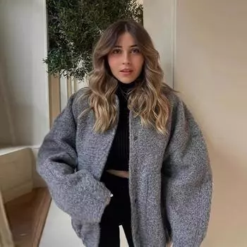 Модная однотонная куртка на пуговицах, женская повседневная свободная куртка с длинным рукавом, дизайнерская куртка-пилот, осенний воротник-стойка, теплая верхняя одежда S чёрный