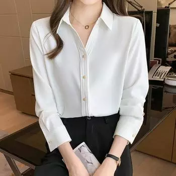 Модная однотонная офисная свободная повседневная рубашка с длинным рукавом, женские топы, элегантные женские блузки с отложным воротником, тонкая простая элегантная рубашка 26068 S чёрный