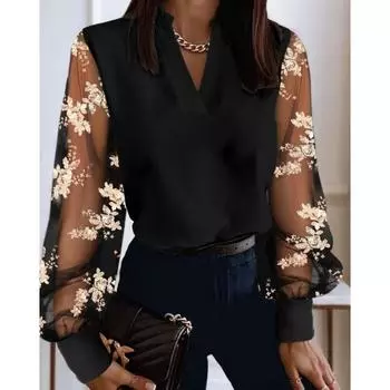 Модная однотонная рубашка с длинным рукавом и V-образным вырезом. Женская рубашка, блузки и рубашки. S