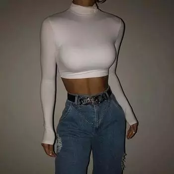 Модная однотонная укороченная футболка с воротником, женская осенняя эластичная повседневная облегающая базовая майка, женская уличная одежда, элегантная футболка Tess 30385 S чёрный