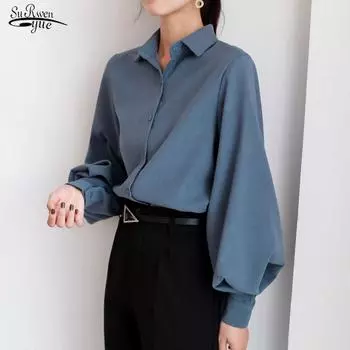 Модная однотонная женская блузка с рукавом-фонариком, топы, повседневные элегантные рубашки на пуговицах, женская одежда Blusas Mujer 8026 50 S чёрный