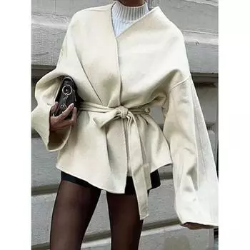 Модная однотонная женская меховая куртка на шнуровке с поясом, элегантная куртка с V-образным вырезом и длинными рукавами, осенне-зимняя женская уличная куртка L бежевый