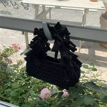 Модная однотонная женская вязаная маленькая сумочка, тканая роскошная дизайнерская сумка на плечо с кисточками, сумка на запястье 21x12cm чёрный