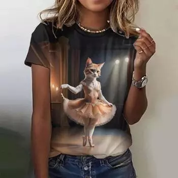 Модная олицетворенная кошка с рисунком танцующего кота, женская футболка с короткими рукавами, повседневные свободные футболки, женская одежда, топы S
