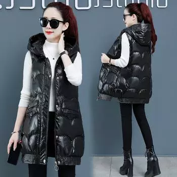 Модная осень-зима без рукавов лакированная куртка с капюшоном спереди застежка-молния на пуговицы детали однотонный пуховик теплая уличная одежда XXXL чёрный