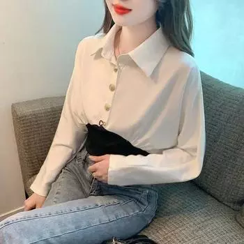 Модная осенне-зимняя блузка для женщин, офисные женские элегантные женские рубашки, топы с отложным воротником и длинными рукавами 29631 One Size белый