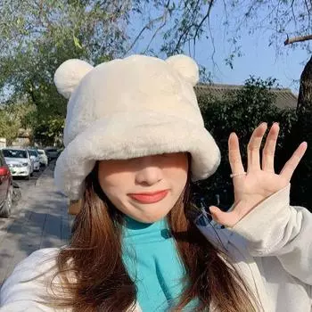 Модная осенне-зимняя леопардовая меховая панама с медвежьими ушками, плюшевая рыбацкая шапка, мягкая теплая толстая шляпа-ведро, защитная панама 56-58cm белый