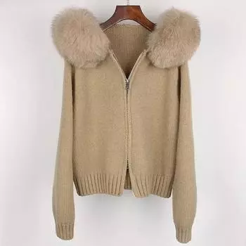 Модная осенне-зимняя повседневная куртка с капюшоном и воротником из натурального меха лисы, модная короткая вязаная куртка с натуральным мехом для женщин One Size зелёный