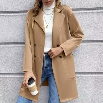 Модная осенне-зимняя свободная женская куртка средней длины, однотонная повседневная двубортная официальная офисная куртка для женщин, карманы, вырезанное женское пальто 24899 S чёрный