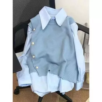 Модная осенне-зимняя вязаная жилетка цвета конфет, женская рубашка из двух частей, с пуговицами на шее и длинным рукавом, женские зимние рубашки One Size синий