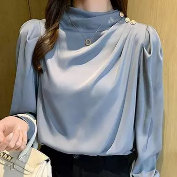Модная осенняя атласная блузка с длинным рукавом и воротником-стойкой, женские топы J296 S синий
