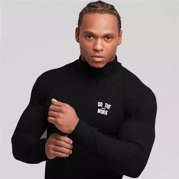 Модная осенняя футболка с длинными рукавами, мужская трендовая повседневная рубашка со средним воротником, спортивная верхняя одежда с полувысоким воротником M чёрный