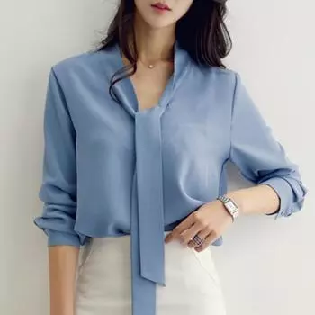 Модная осенняя новая женская блузка с длинным рукавом с бантом и v-образным вырезом, офисная женская блузка, рубашка, женские топы, блузки J165 S синий