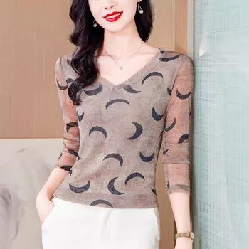 Модная осенняя рубашка с принтом из серебристой сетки с длинным рукавом и V-образным вырезом, облегающая M