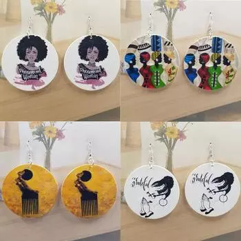 Модная печать, индивидуальные серьги-подвески, женские модные украшения для ушей, дерево, богемия, 1 пара, голова красавицы, винтажный африканский портрет головы