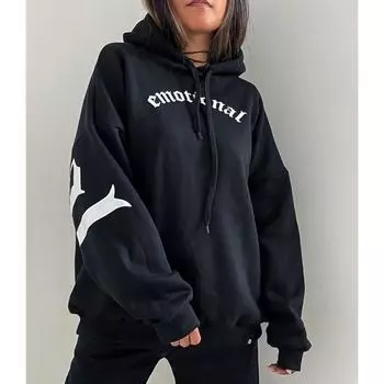 Модная печатная универсальная толстовка с длинным рукавом и капюшоном для женщин L чёрный