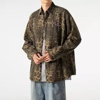 Модная персонализированная куртка из стираного денима с леопардовым принтом для мужчин и женщин, ретро-куртка Niche Tooling M цветной печати леопарда