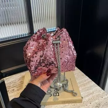 Модная персонализированная сумка с пайетками для женщин 2024 года, новая корейская версия, сумка-ведро, сумка через плечо в иностранном стиле, модная сумка-мессенджер для ужина чёрный