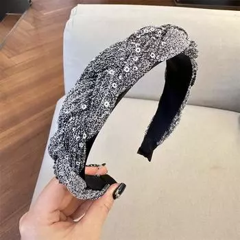 Модная плетеная повязка на голову с пайетками премиум-класса, универсальная, для выхода в свет, для мытья лица, аксессуары для волос, повязка на голову для женщин серый