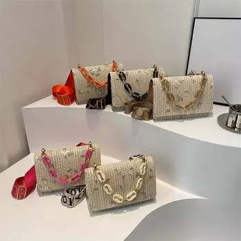 Модная плетеная сумка через плечо из травы, ручная работа, большая вместительная соломенная сумка, сумки из ротанга в стиле бохо для женщин 20x7.5x14cm чёрный