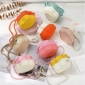 Модная плетеная сумка через плечо с цветочным принтом, детские соломенные сумки на плечо, двухцветная пляжная сумка, кошелек в форме шляпы