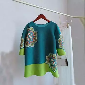 Модная плиссированная блузка, летняя новая национальная ветровая печать, большой размер, свободная тонкая темпераментная дикая футболка M зелёный