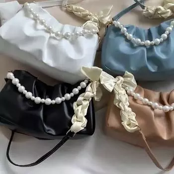 Модная плиссированная сумка через плечо, модная маленькая сумочка из искусственной кожи с облаком, женская сумка с жемчугом, роскошный дизайн, сумки подмышками 25x7x14cm чёрный