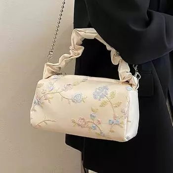 Модная плиссированная сумка для женщин, новая вышитая цветочная сумка в форме сердца под мышкой, универсальная сумка через плечо Ins Chain для вечеринки