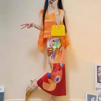 Модная плиссированная юбка-полуюбка с принтом, узкая юбка А-силуэта с высокой талией, летний новый комплект для женщин One Size оранжевый