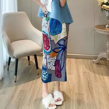 Модная плиссированная юбка с принтом и боковым разрезом для женской одежды L