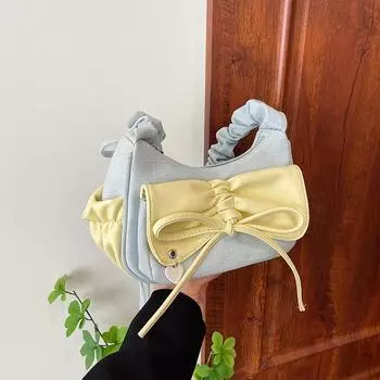 Модная плиссированная женская сумка с бантом, летняя простая универсальная сумка на молнии, женская джинсовая маленькая сумка