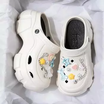 Модная пляжная садовая обувь, женские туфли с отверстиями, сандалии 8 см, тапочки с мультяшными аксессуарами, тапочки с отверстиями, обувь для студентов и девочек 34-35(Fit 33-34)